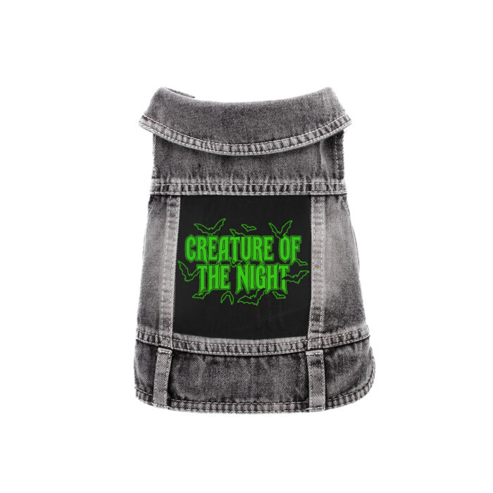 Black denim jacket for dogs with back patch with green text saying Creature of the night with multiple bats in the background